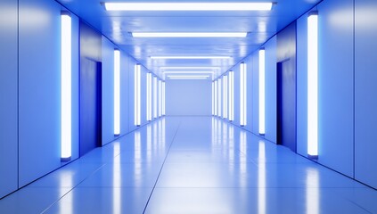 Fototapeta premium Futuristic blue corridor, glowing lights, doors, reflective floor, sci-fi setting, background design