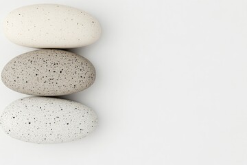 Three smooth stones in varying shades of beige and grey, arranged vertically on a white surface