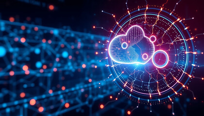 Obraz premium Futuristic Cloud Computing Network Data Flow, Digital Transformation, and Artificial Intelligence Concept with Circuit Board Connections