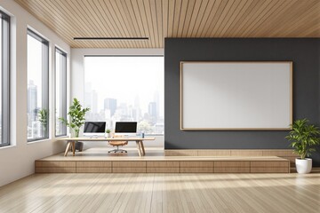 Contemporary office with large windows, wooden elements, and an empty framed poster on a dark wall. Minimalist design with natural light. Ai generative