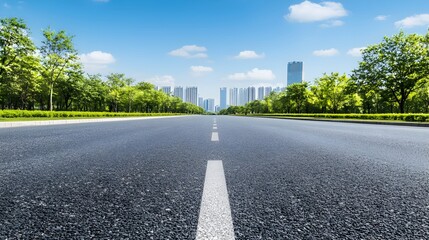 Fototapeta premium Wide City Roadway with Lush Green Trees Under Bright Blue Sky