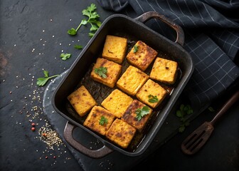 Delicious pan fried tofu cubes, garnished with cilantro.  Healthy vegan food.