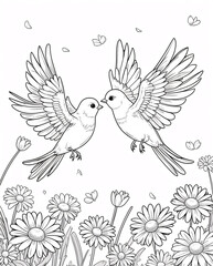 Obraz premium Graceful lover birds soaring above a full garden of flowers in intricate line art drawing perfect for coloring animal in garden Illustration