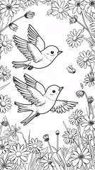 Graceful pair of long tailed lover birds fluttering among flowers in a blooming garden line art illustration animal in garden Illustration