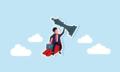 Super businessman lifts a flying king chess piece in the sky, illustration of maximum effort in improving business performance