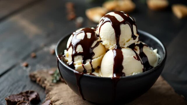 Soft vanilla ice cream beautifully arranged in a rustic black bowl, drizzled with melted, thick chocolate sauce