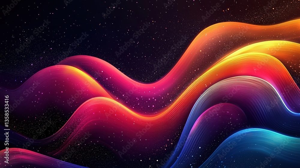 Poster bright gradient background, small grainy surface abstract shapes black background colorful banner he