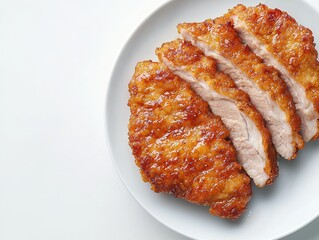 A plate of crispy, golden-brown chicken cutlets, perfectly sliced to reveal juicy meat inside, garnished for a delicious presentation.