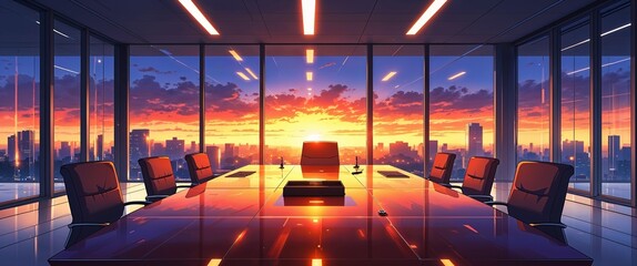 cartoon Office conference room glowing with fiery sunset reflections on glass walls anime illustration art design