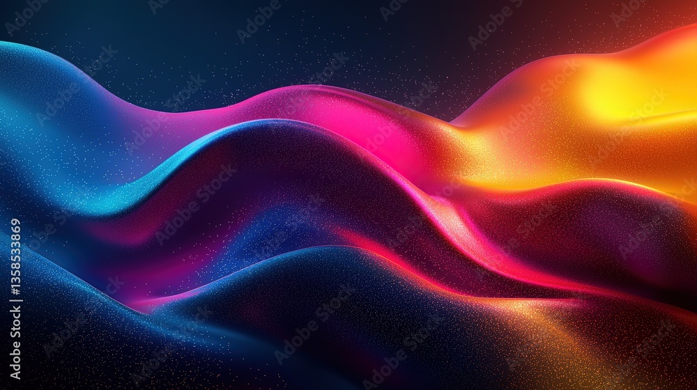 Poster bright gradient background, small grainy surface abstract shapes black background colorful banner he