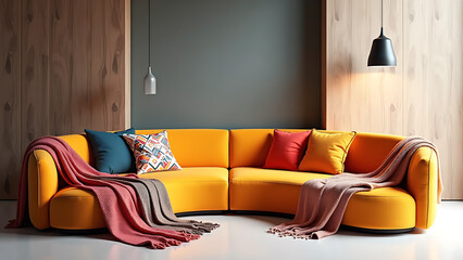Stylish Interior Design Featuring Curved Sofa, Geometric Pillows, and Minimalist Lighting
