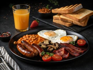 Delicious and hearty full English breakfast with eggs, bacon, sausages, beans, mushrooms, tomatoes, and toast.