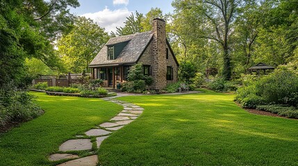 Beautiful green backyard with a quaint stone path curving toward the house, sunny day, sharp details, balanced composition, and inviting tones. 