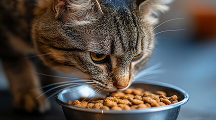 Feline Focus on Food.  A tabby cat intently eats from a bowl of dry kibble