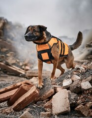 Training rescue dog scales rubble in realistic emergency scene wearing gear