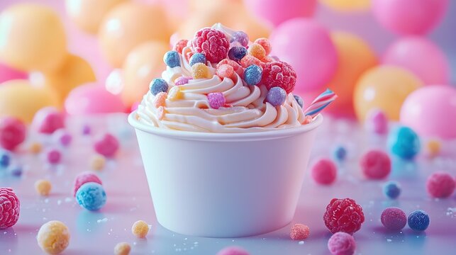Fresh ice cream and vibrant celebration of national frozen yogurt day with colorful toppings. , 8k Resolution