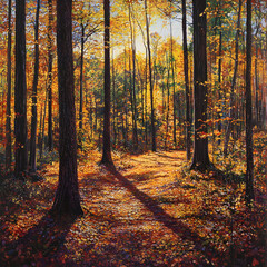 Obraz premium Golden Autumn Forest: Sunlight Filtering Through Vibrant Fall Foliage in a Tranquil Woodland Setting