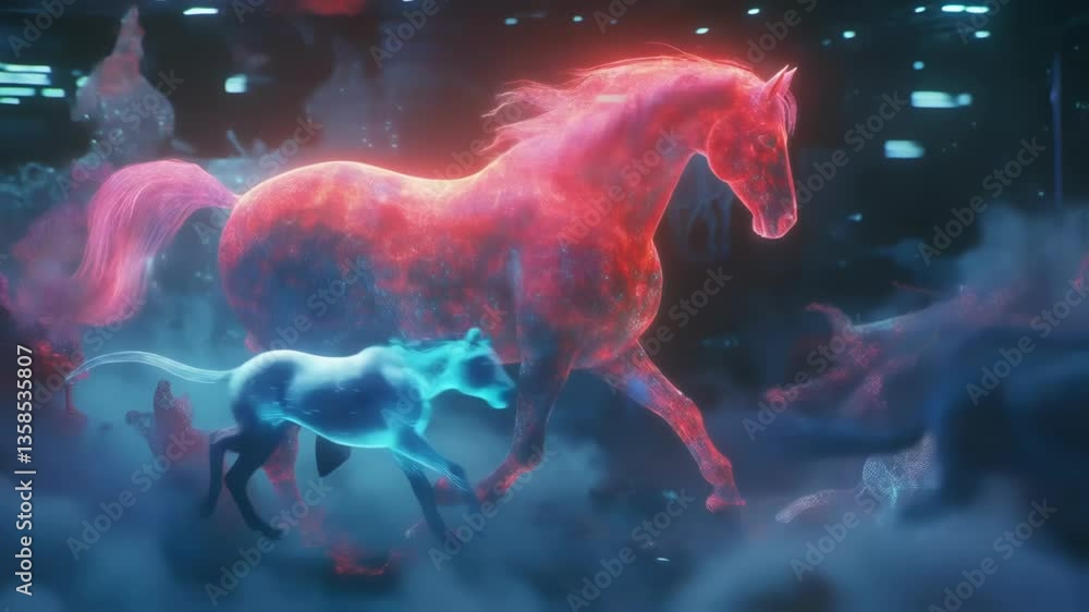 Poster the holographic horse begins to disintegrate into a cascade of colorful particles suspended in midai