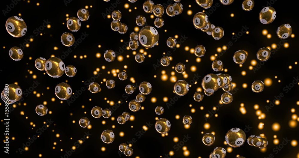 Poster image of golden lottery balls with numbers in them falling over multiple golden glowing lights