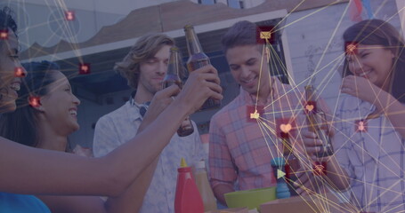 Image of network of connection over group of male and female friends holding bottles of beer