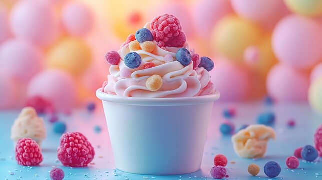 Fresh ice cream and vibrant celebration of national frozen yogurt day with colorful toppings. , 8k Resolution