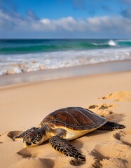 Endangered Sea Turtle Making Its Way to Nesting Ground on a Quiet Beach