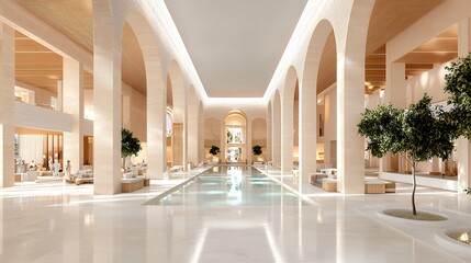 Fototapeta premium Elegant Architectural Interior with Arched Hallways Reflecting Light and Water Pool