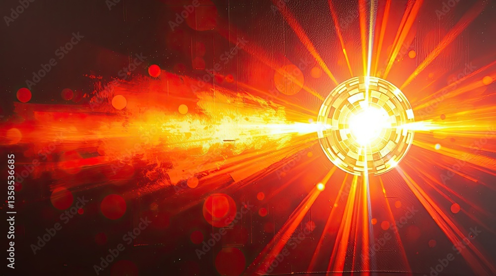Poster bright rays of orange and yellow light explode from a circular center illuminating the surrounding d