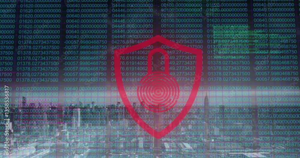 Poster digital security concept with red shield overlaying binary code and cityscape