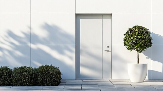 Clean and modern house entrance, metallic door, smooth white facade, small garden touch, sunny day, close framing emphasizing simplicity.  
