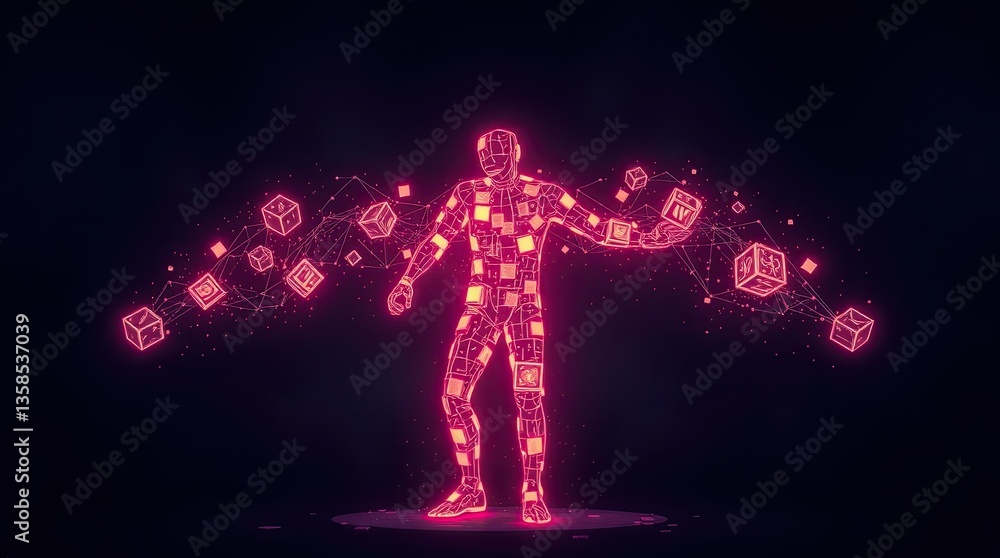 Poster a digital figure stands in a luminous pose manipulating glowing cubes filled with unique designs cre