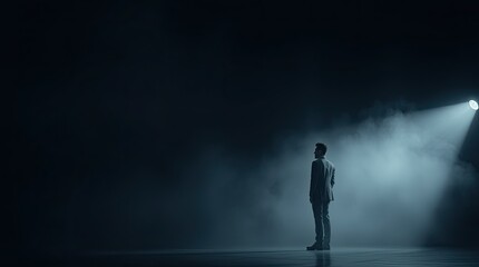 A man in formal attire stands still on a stage. He is bathed in a bright spotlight against a dark and smoky backdrop creating a somber mood