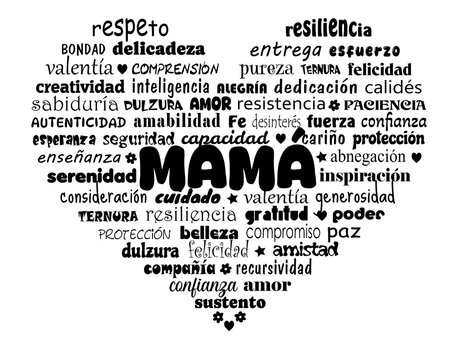 Palabras que reflejan las cualidades y virtudes de una madre en letras negras sobre un coraz&oacute;n blanco sin fondo. D&iacute;a de la Madre