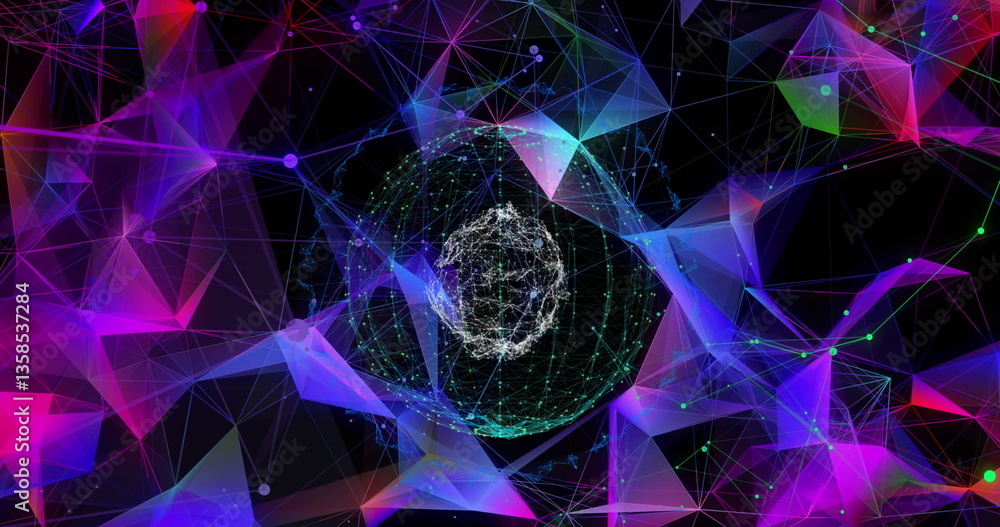 Poster glowing connections and geometric shapes in colorful digital network interface design