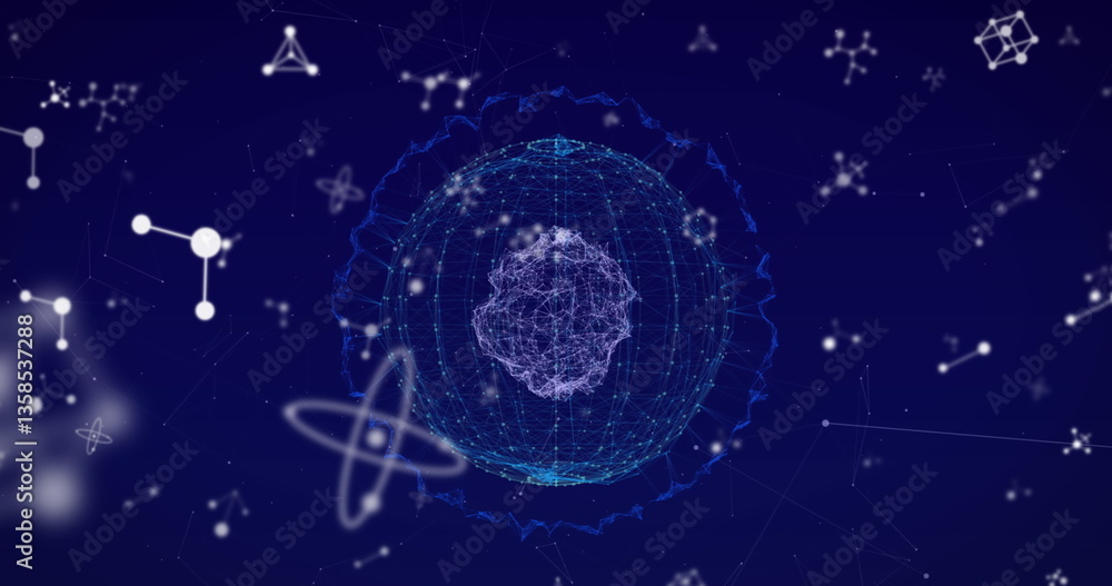 Poster digital network sphere with abstract molecular structures on dark background