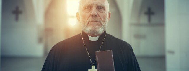 Senior priest in black robe holding Bible in church. Elderly clergyman portrait for religious service, ordination anniversary, or clergy appreciation day