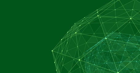 Abstract digital network with green geometric lines and nodes on dark background