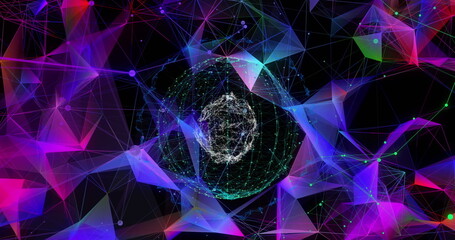 Glowing connections and geometric shapes in colorful digital network interface design