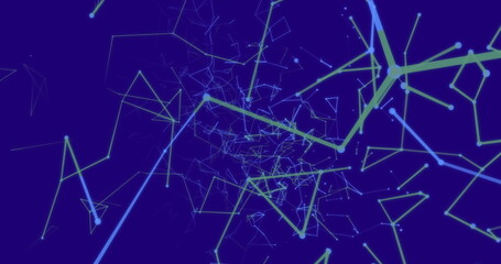 Abstract digital network with interconnected lines and nodes on blue background