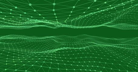 Abstract digital landscape with interconnected green lines and dots forming network
