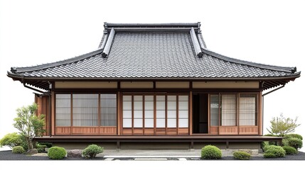 Obraz premium Compact Japanese home with traditional roof tiles, wooden details, and simple structure, isolated against a white background, sharp and inviting. 