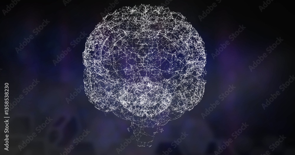Poster visualizing digital brain network, interconnected nodes and lines on dark background