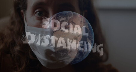 Woman wearing mask with Social Distancing text overlay, emphasizing safety measures