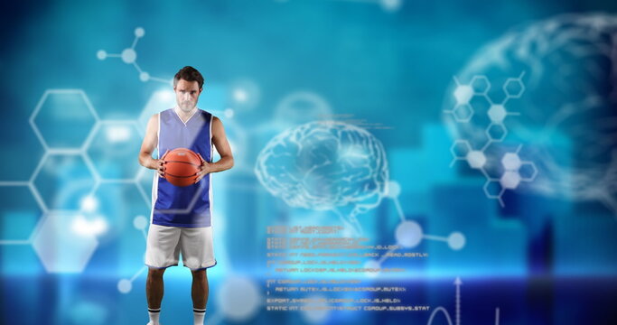 Basketball player holding ball, standing confidently with digital brain graphics - Powered by Adobe
