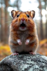 A surprised looking rodent perched on top of a stone