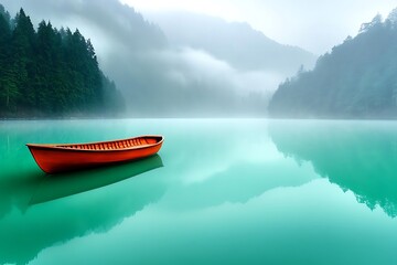 A small red boat floats peacefully upon a tranquil blue lake