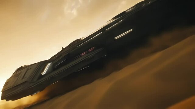 The sun sets on a fiery horizon casting shadows on the battlefield where a hovercraft and jet engage in an epic showdown the contrasting perspectives of ground and air combat blurring