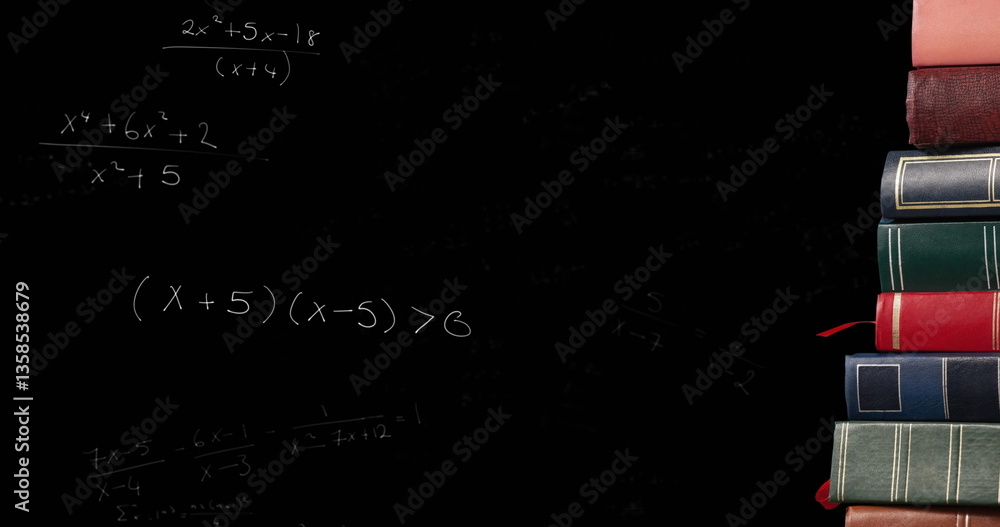 Poster image of mathematical formulae moving over stack of books on black chalkboard in the background