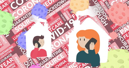 People talking on smartphones at home, surrounded by COVID-19 related words