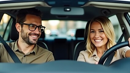 Driving Together: A cheerful couple in a car, filled with the warmth of a sunny day. capturing the essence of togetherness, perfect for any project seeking images of journey and relationship.